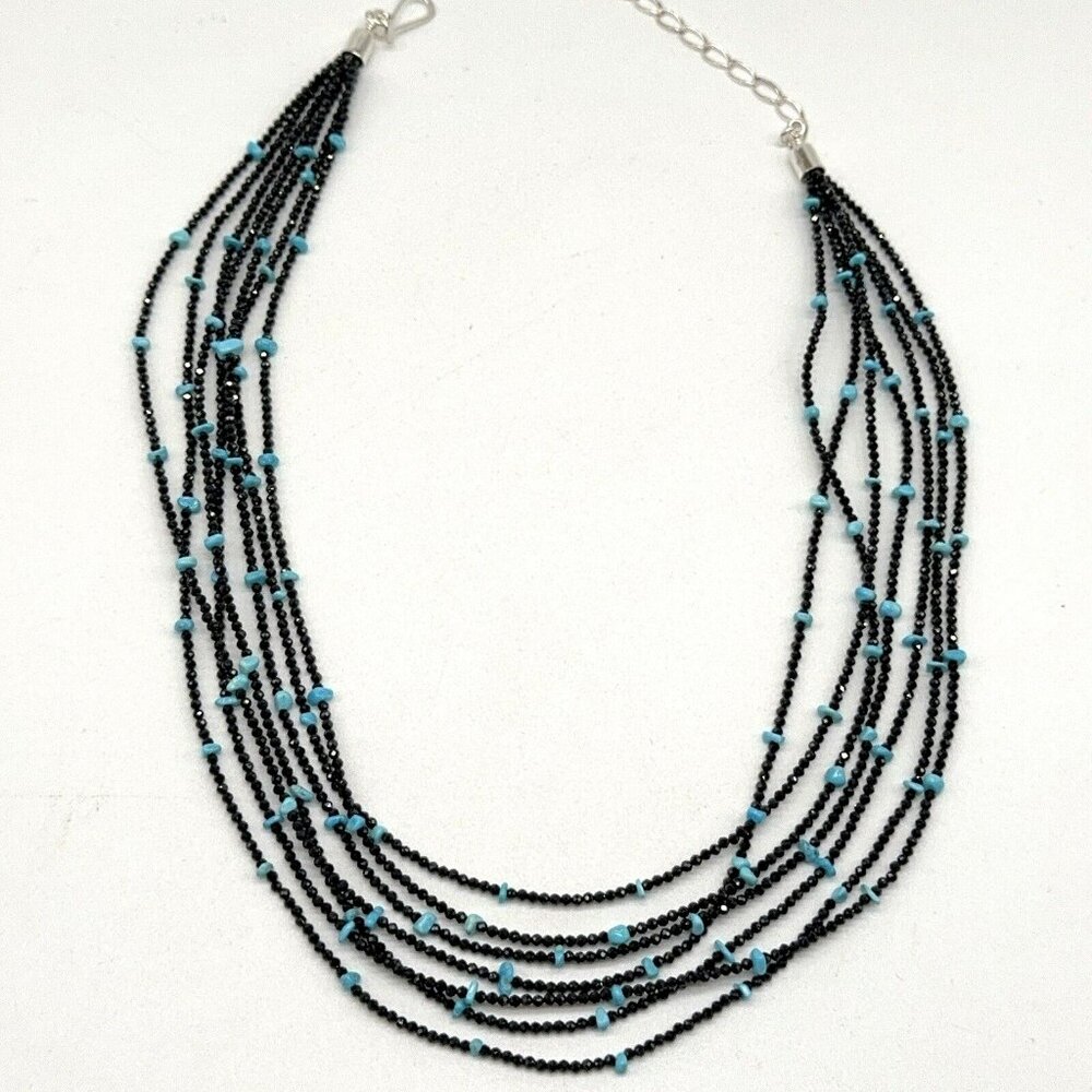 Jay King Necklace Black Spinel Turquoise & 7 Strand Layered Sterling Silver 18" - Picture 9 of 11